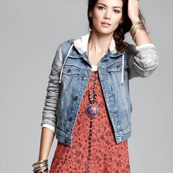 Free People Indie Wash Knit Hood & Sleeve Sweater Pure Cotton Jean Jacket - Picture 2 of 13